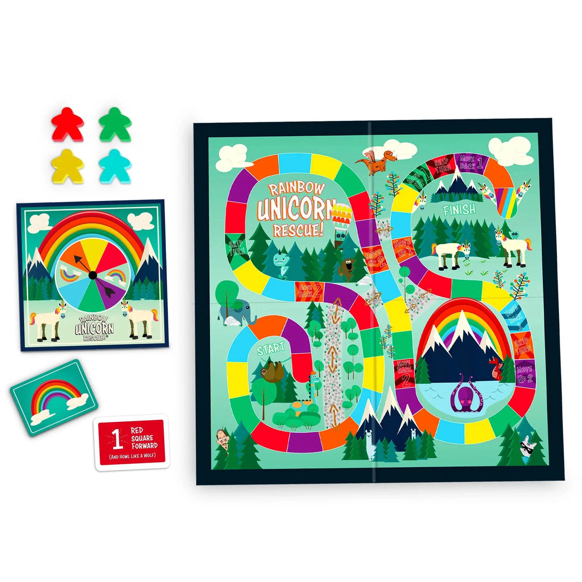 Front view of the game board for Rainbow Unicorn Rescue. The pieces, spinner, and cards are laying beside the game board.