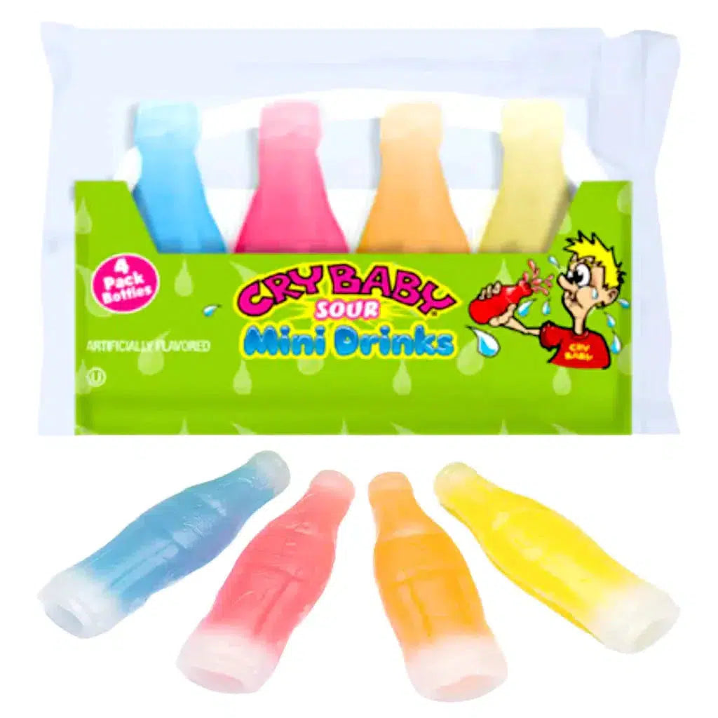 Front view of a package of Crybaby Sour Mini Drinks.  Four mini drinks are out of the package laying beneath it. 