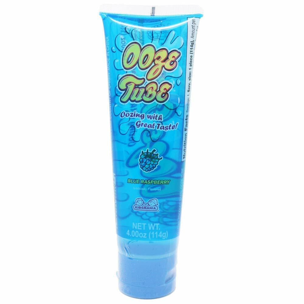 Front view of Kidsmania Sour Ooze Tubes showing all three flavors blue raspberry, green apple, and cherry.
