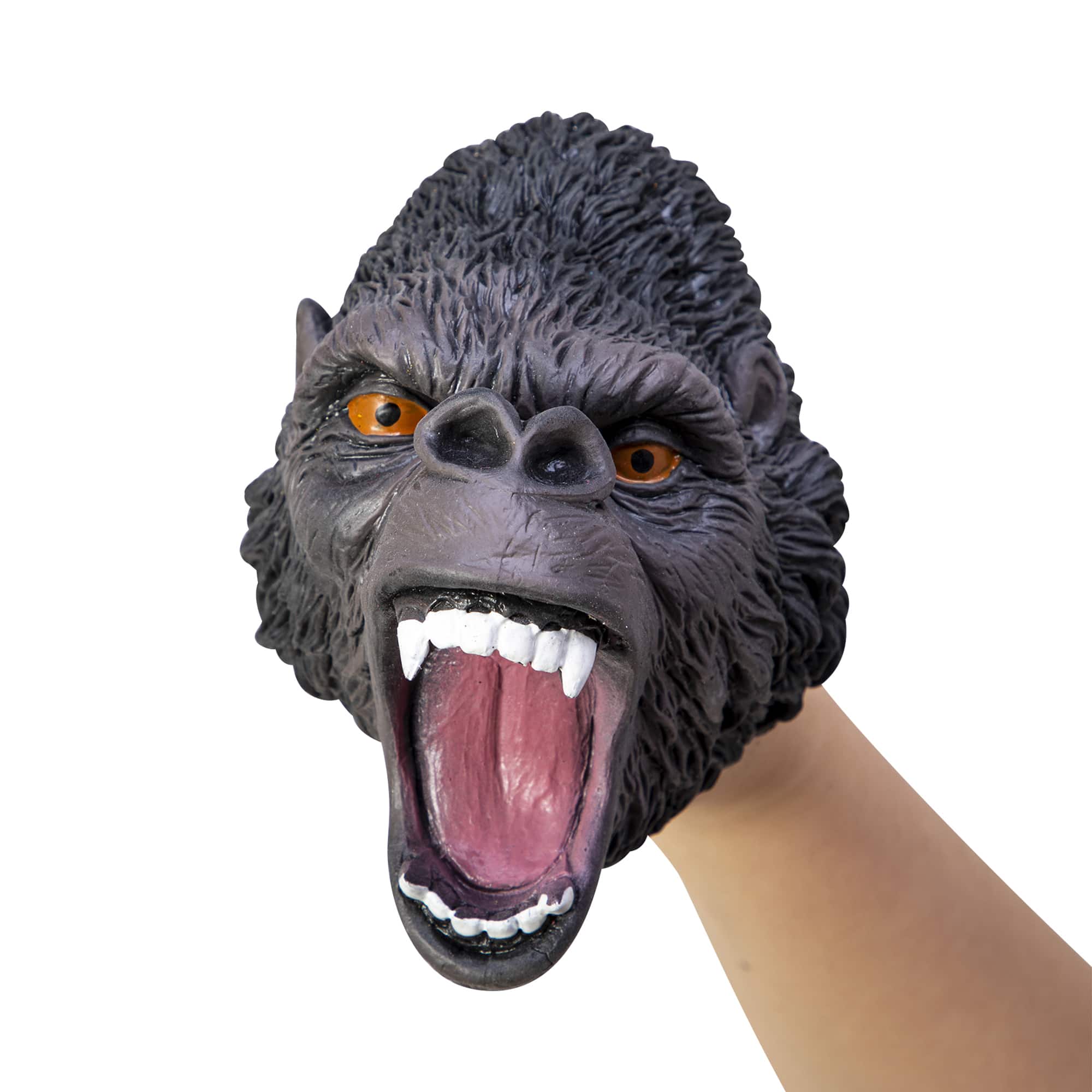 Front view of the Gorilla Hand Puppet on a person's hand.