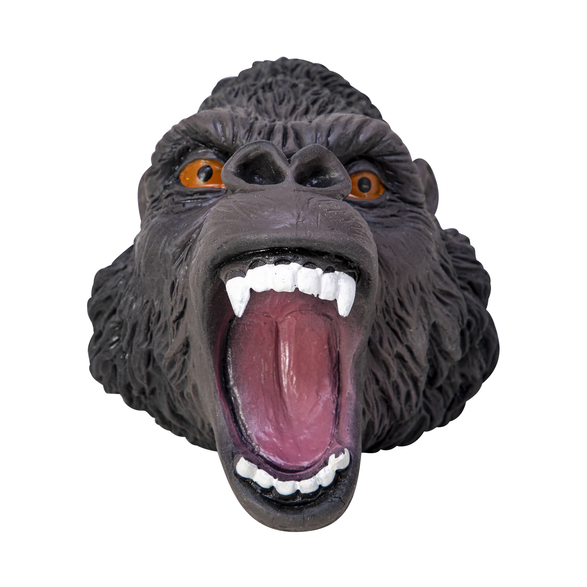 Front view of the Gorilla Hand Puppet on a person's hand.