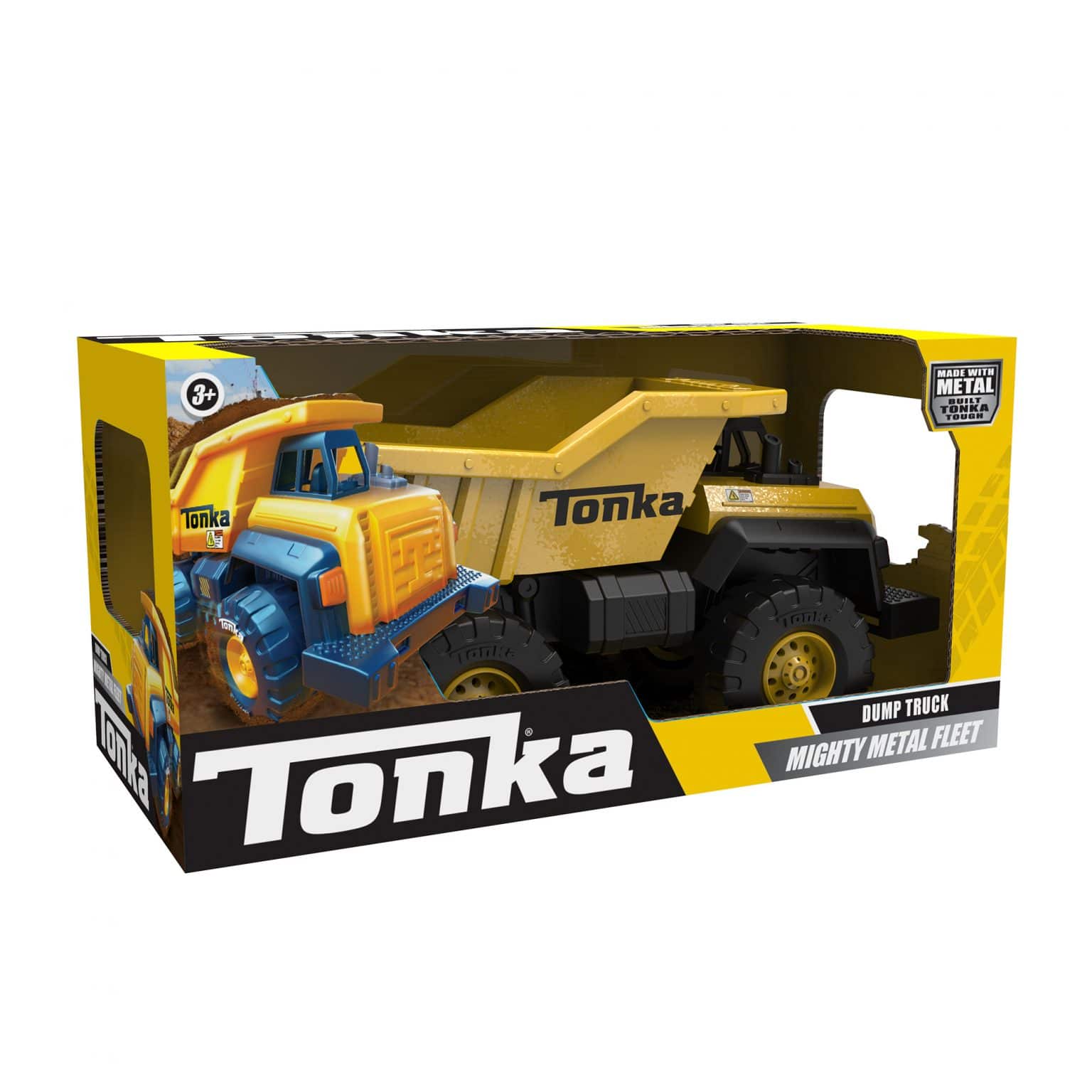 Front view of the yellow Tonka Mighty Metals Fleet in box.