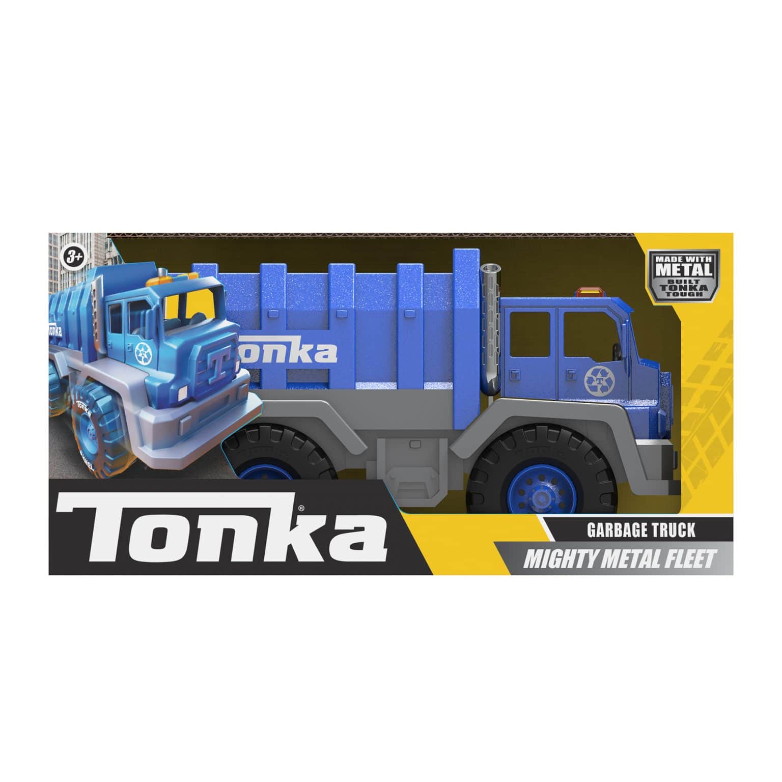 Front view of blue Tonka Mighty Metals Fleet in the box.