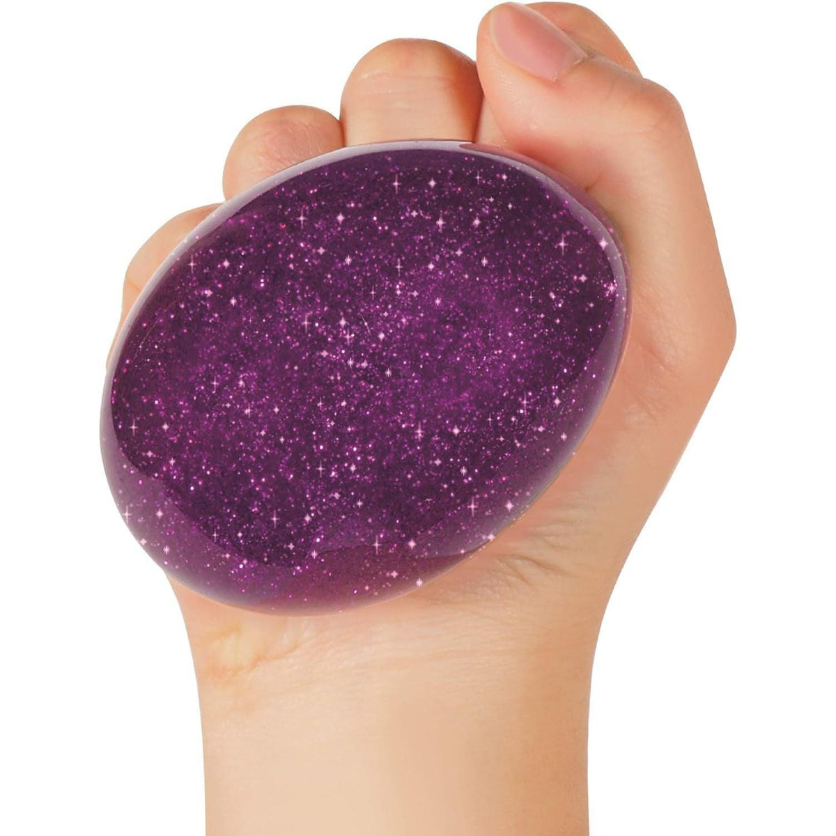 Front view of a person&#39;s hand squeezing the purple Stardust Nee Doh.