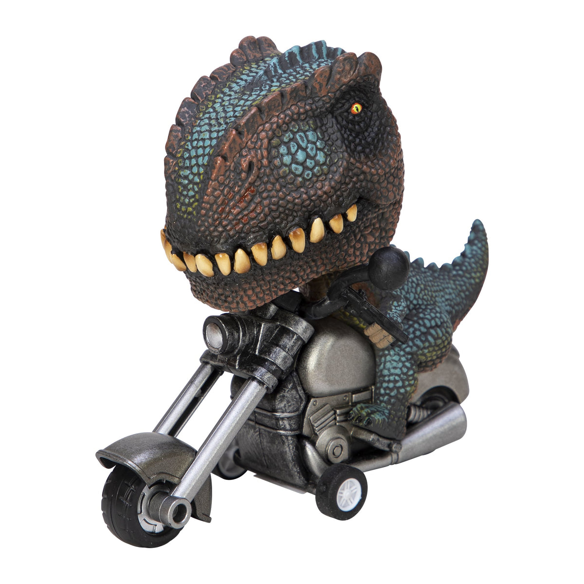 Front view of the teal T-Rex Riders.
