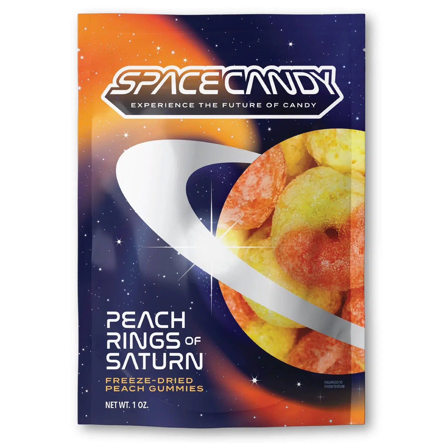 Front view of the Peach Rings Of Saturn-Dried Peach Rings in packaging.