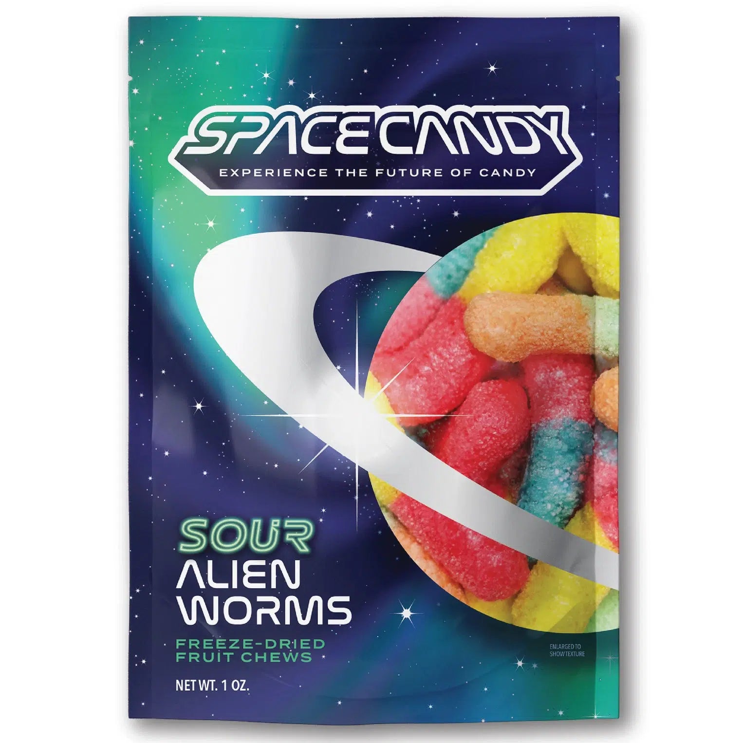 Front view of Sour Alien Worms: Freeze Dried Gummy Worms in packaging.
