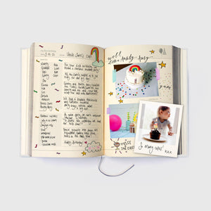 Front view of inside pages from My Baby Book featuring my first birthday and a page for pictures.