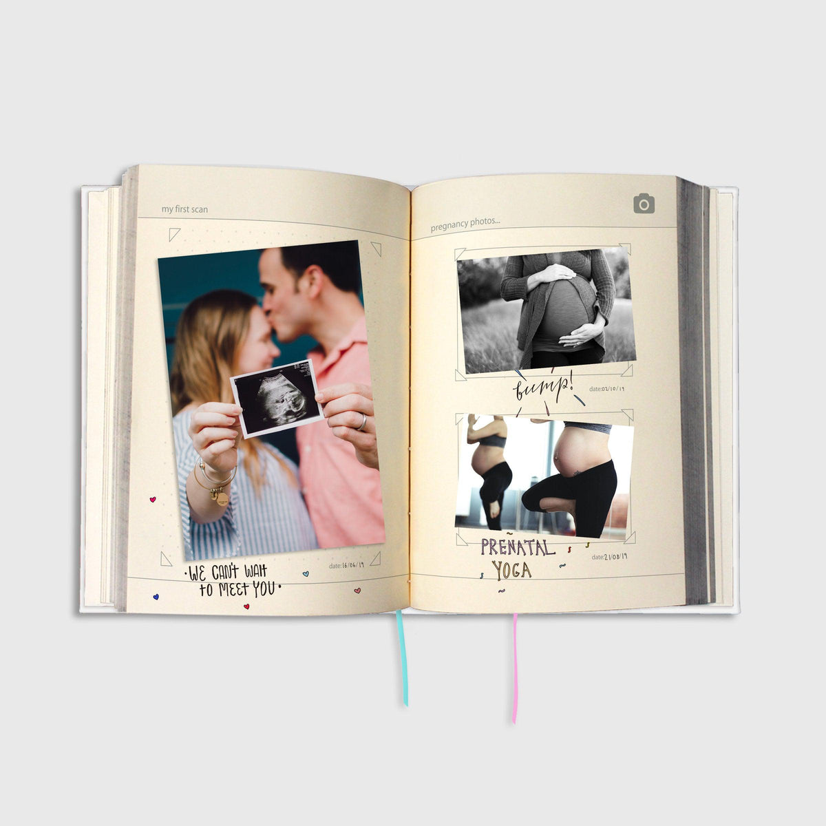 Front view of pages from My Baby Book featuring scans and pregnancy pictures.