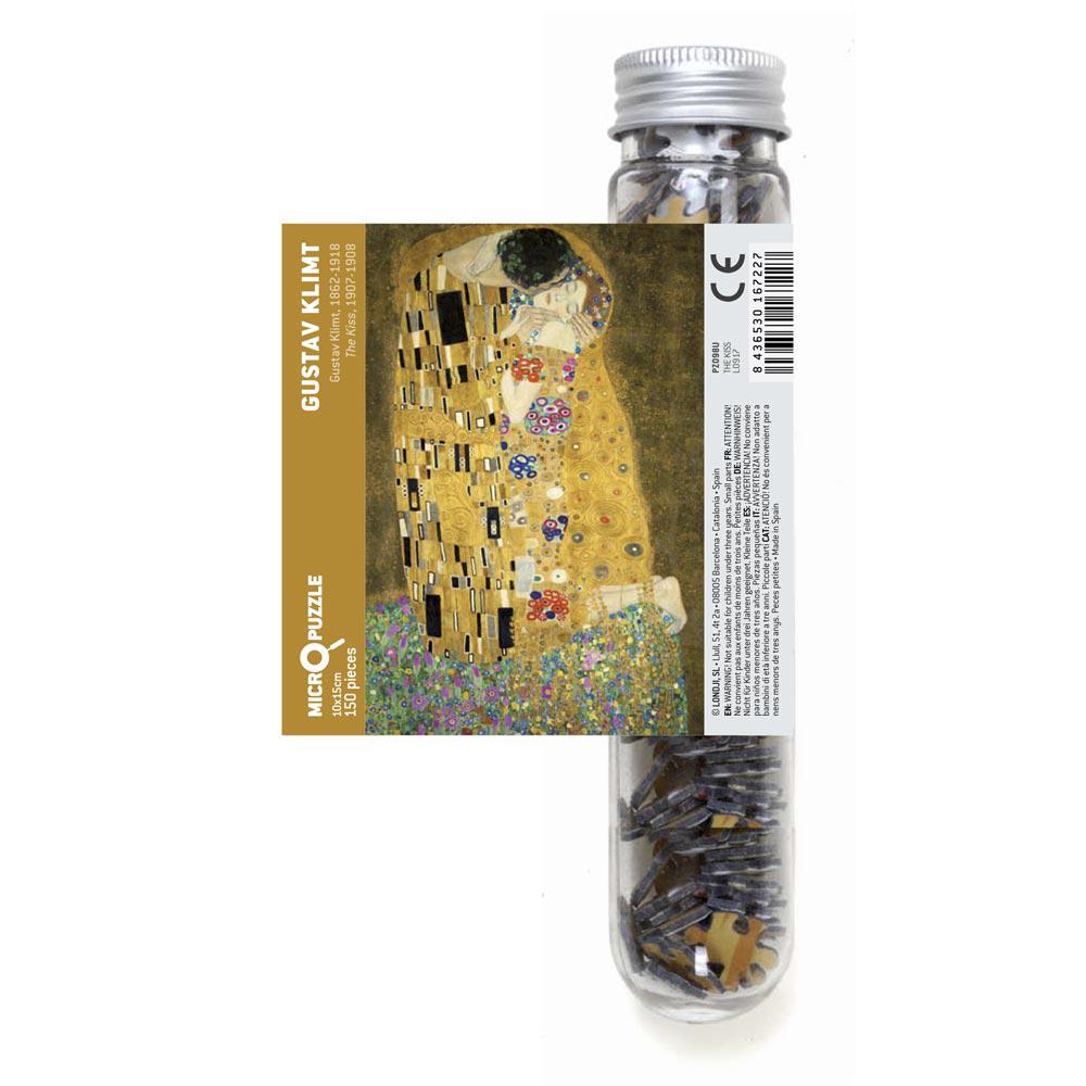 Front view of the Classic Art-Micropuzzle-The Kiss-150 Piece in its test tube package with the sticker label pulled out to show the entire painting.