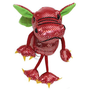 Front view of the red dragon puppet against a white background.