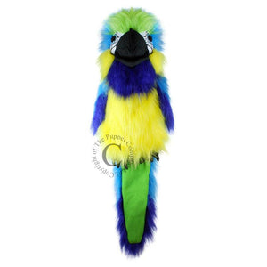 Front view of the blue and gold Macaw puppet against a white background.