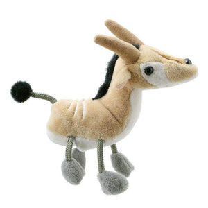 Side view of the Antelope finger puppet against a white background