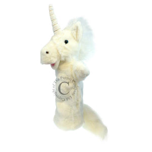 Side view of the Unicorn puppet against a white bacjground.