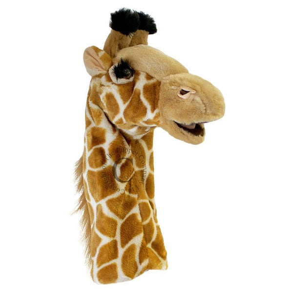 Side view of the giraffe puppet against a white background.