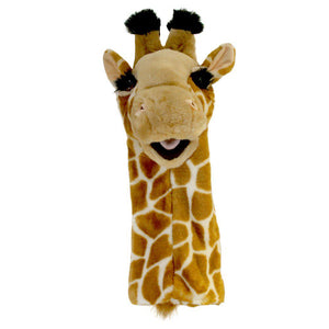 Front view of the giraffe puppet against a white background.
