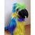 Side view of the blue and gold macaw puppet sitting against a wall.