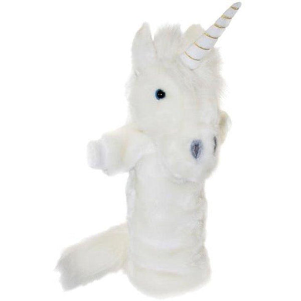 Front view of the unicorn puppet against a white background.