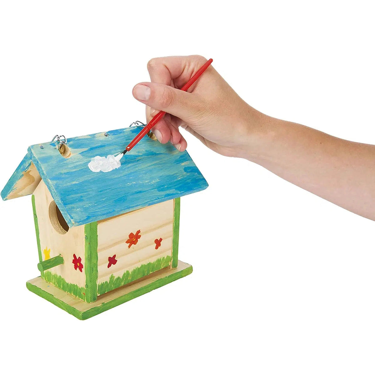 Front view of the Build A Bird Bungalow - Backyard Birdhouse Kit  bring painted.
