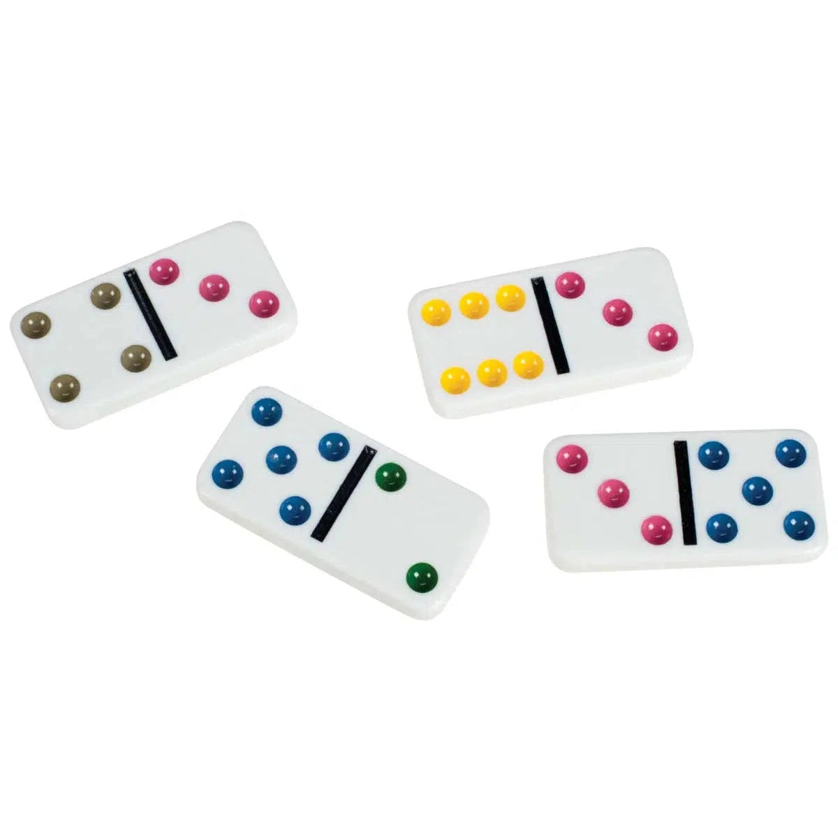 Front view of a view of the Double 6 Dominoes out of their tin showing the colors of the dots.