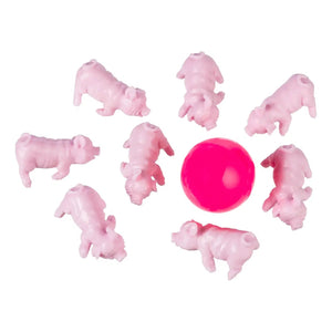 Front view of pigs and ball from Pig Jax game out of the packaging.