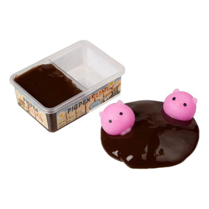 Front view of the Pigpen Slime open with the half empty contianer and the two pigs in a pile of the mud slime.