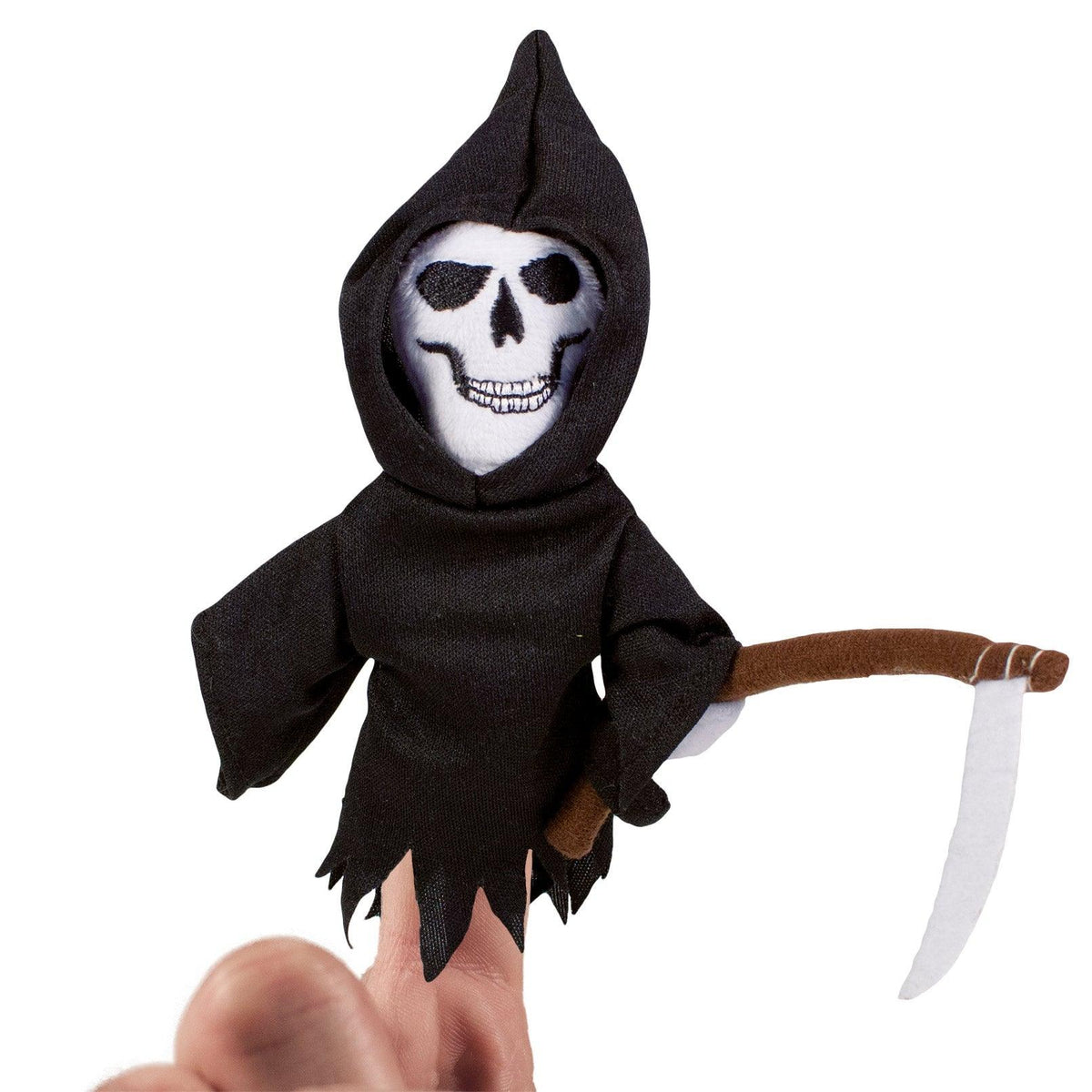 Front view of the Grim Reaper finger puppet on a finger, against a white background.