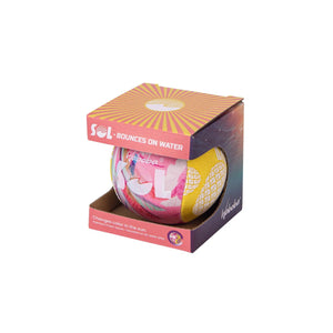 Front view of Sol Water Ball with pink and yellow colors in packaging.