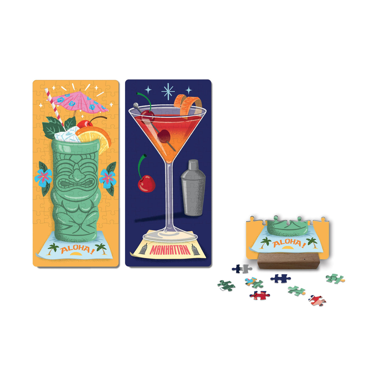 Front view of 2 completed Cocktail Clash Jigsaw Duel puzzles, a partially completed puzzle is to the right of the completed puzzles.