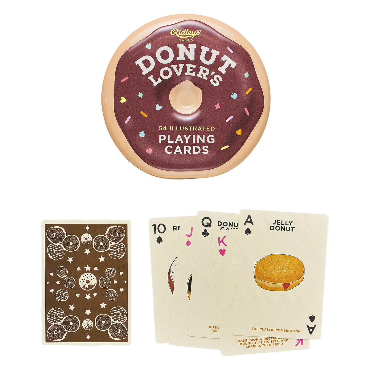 Front view of the Donut Lover&#39;s Playing Cards in the storage tin, there are multiple cards laid out in front of the tin.