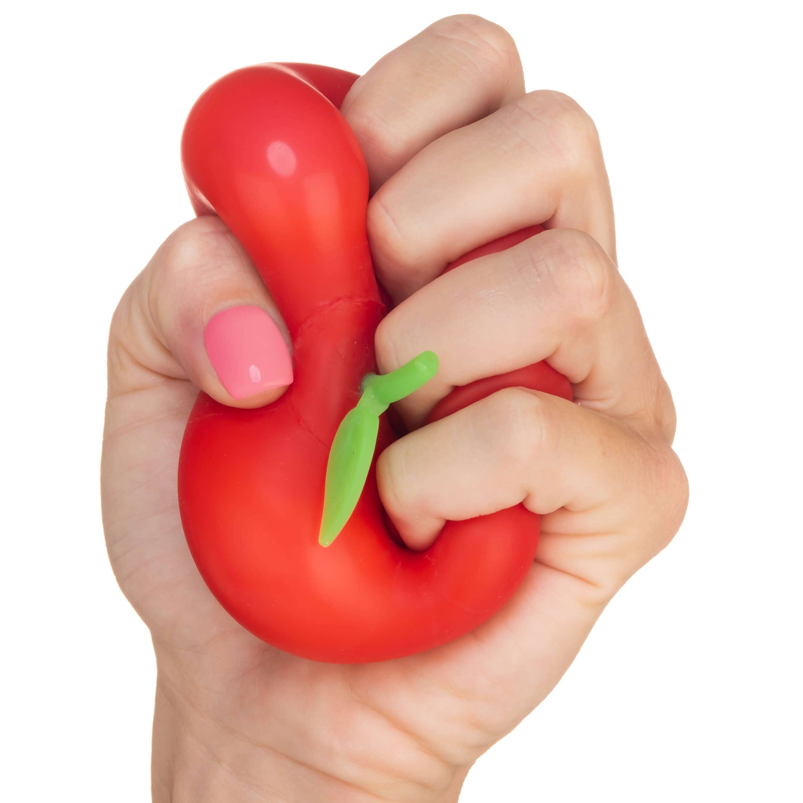 hand squeezing the red apple stress toy