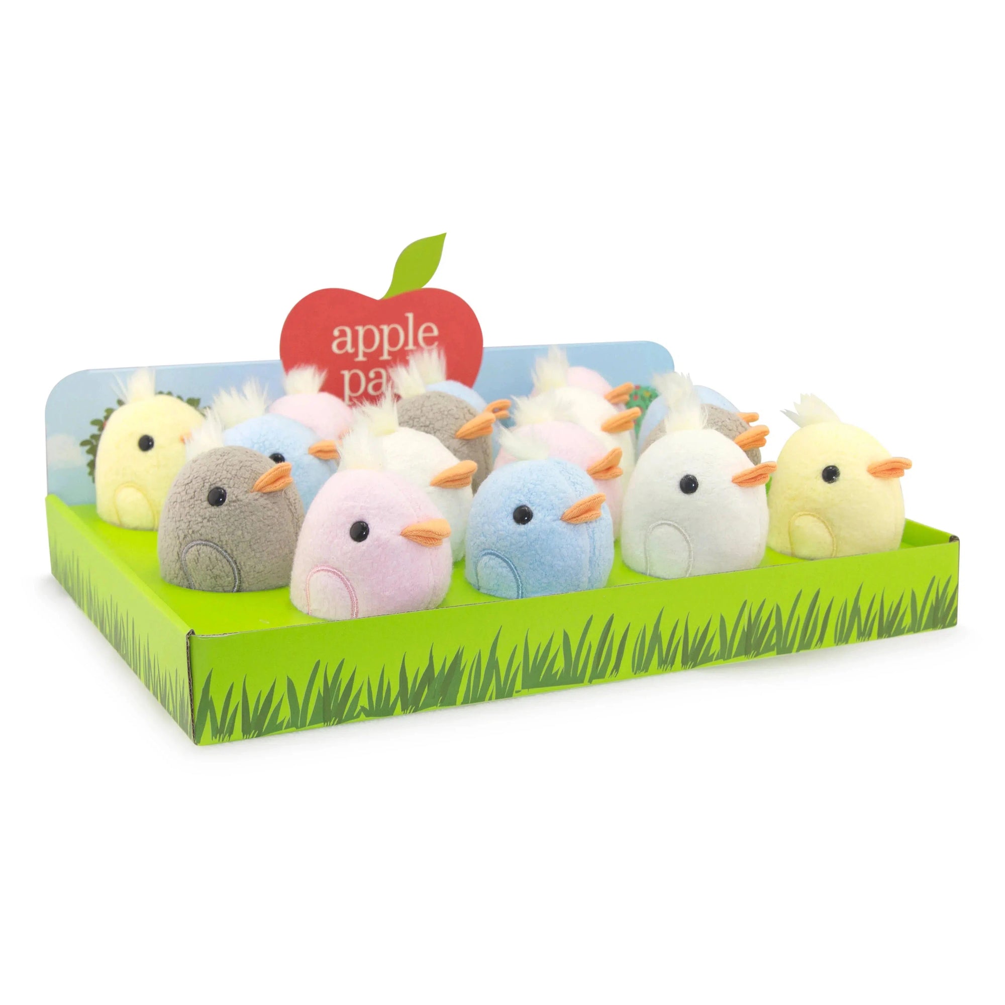 Front view of the Organic Mini Chick-Pink in a display box with all of the other colors including blue, white, brown, and yellow.