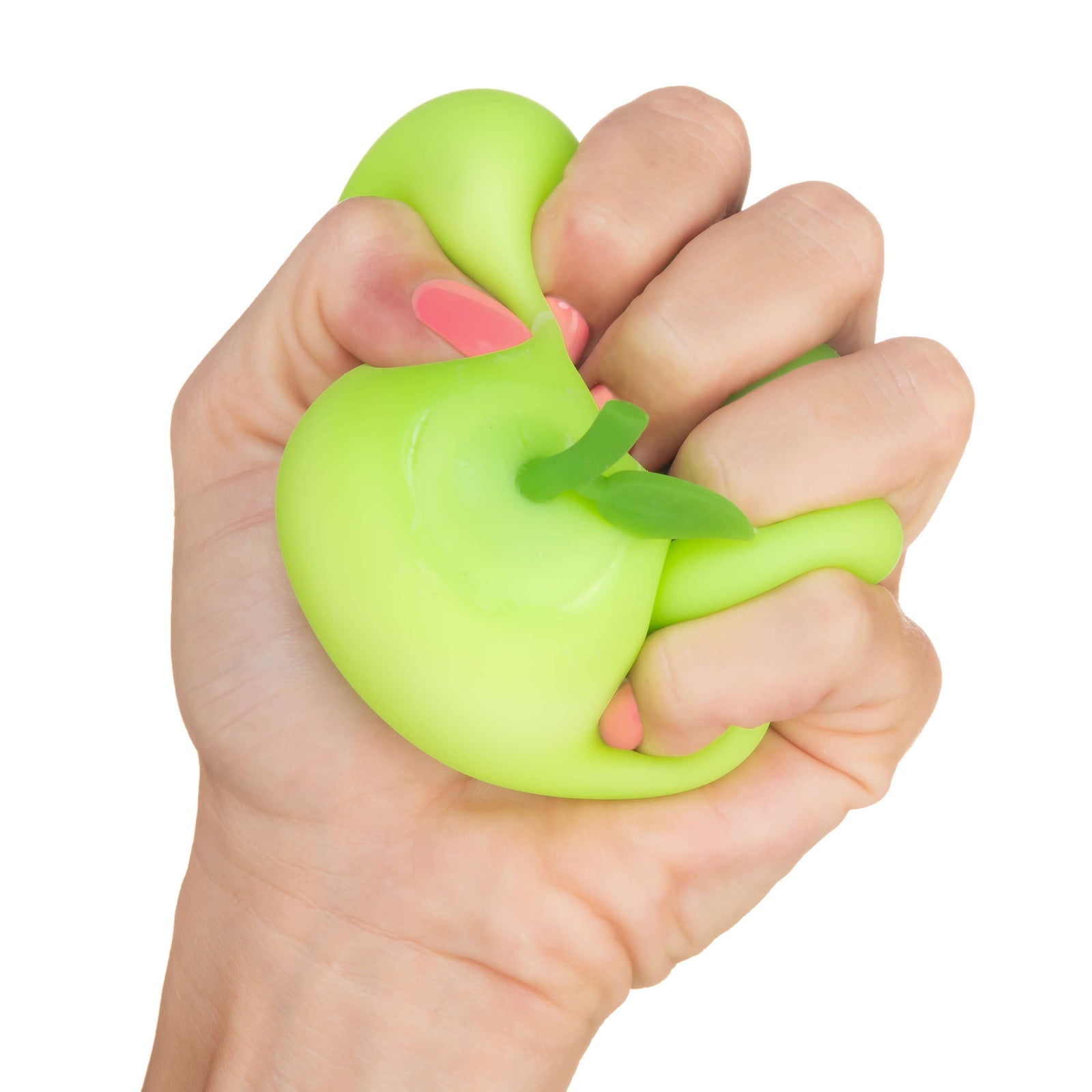 hand squeezing the green apple stress toy