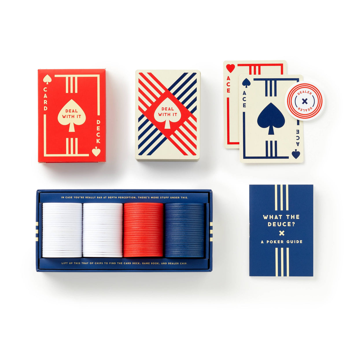 Front view of the Raise the Stakes Poker set and its contents laid out against a white background.