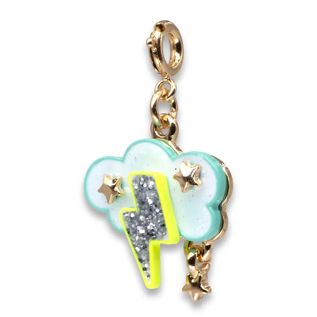 Front view of the glitter lightning charm against a white background.