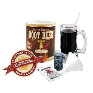 Front view of everything included in the root bear set, with a mug of root beer to the side. 