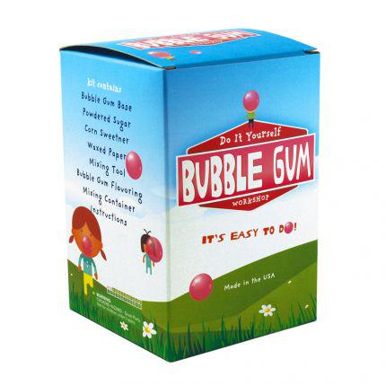 Front view of the DIY bubble gum kit in the box.