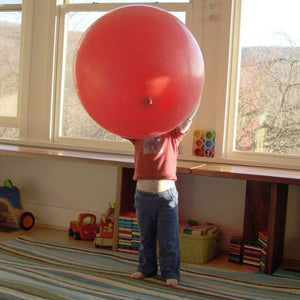 Front view of child holding monster balloon above their head.
