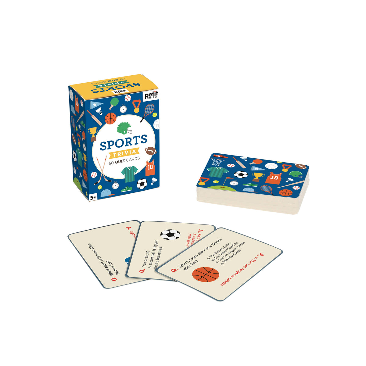 Front view of the sports trivia game, with multiple cards from the game laid against a white background.