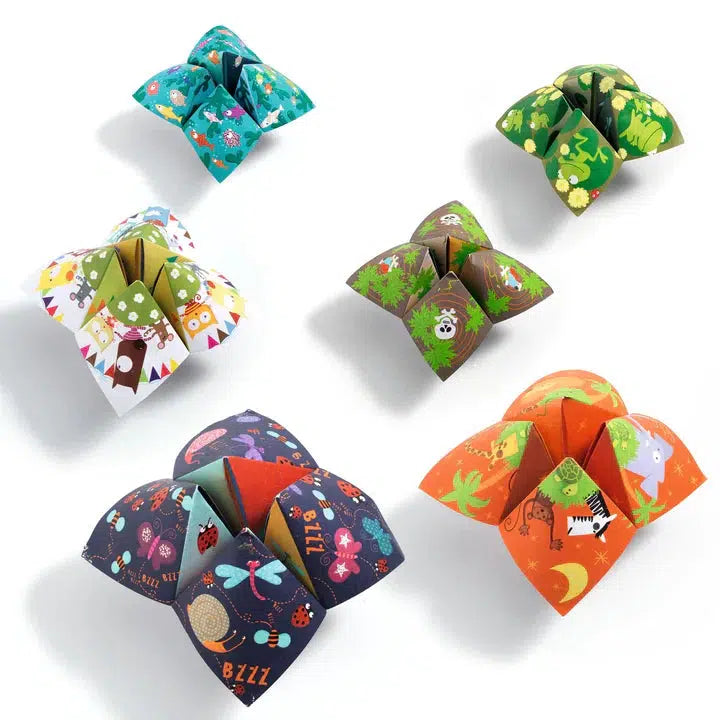 Front view of multiple completed animal fortune tellers.