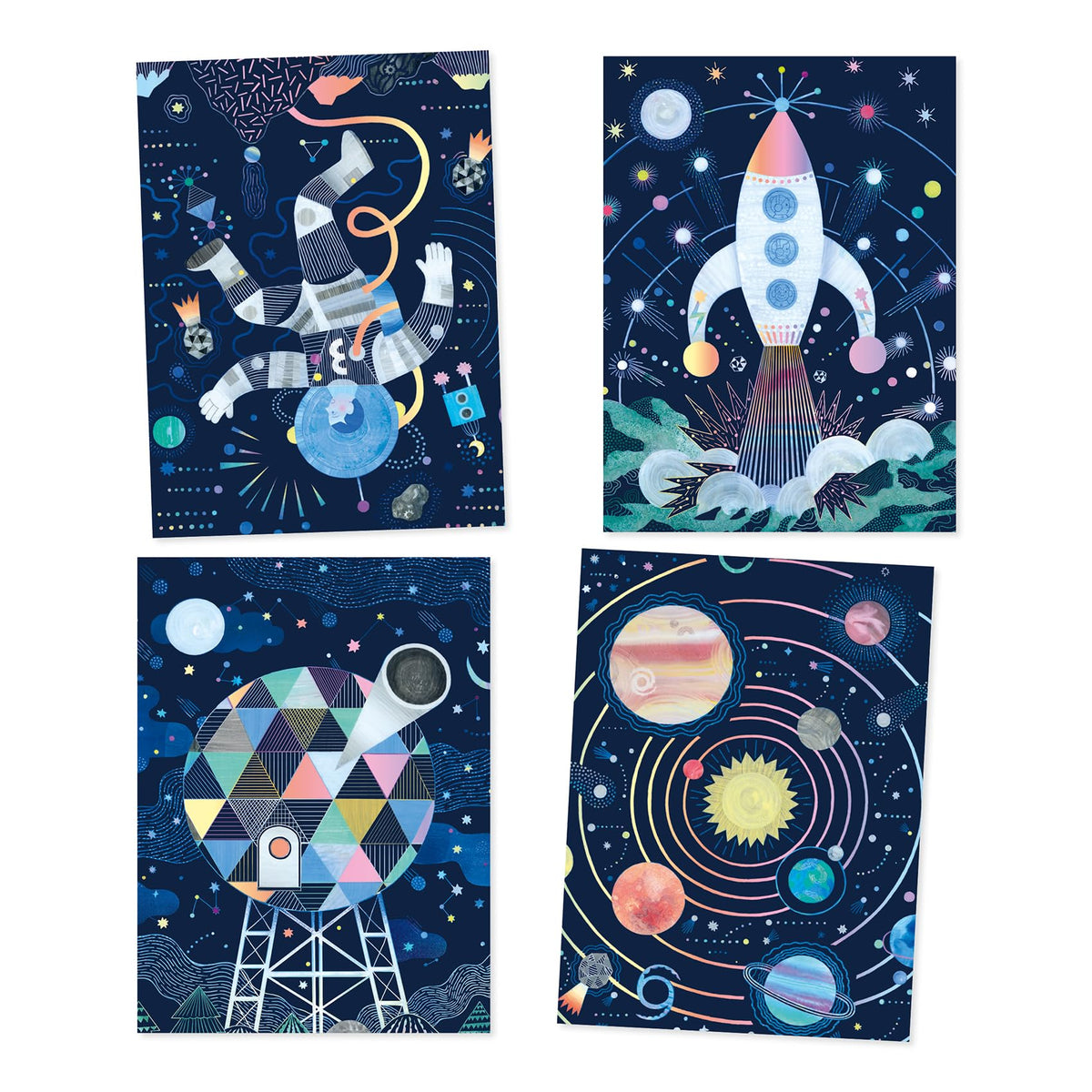 Front view of four completed scratch cards from the Cosmic Mission set.