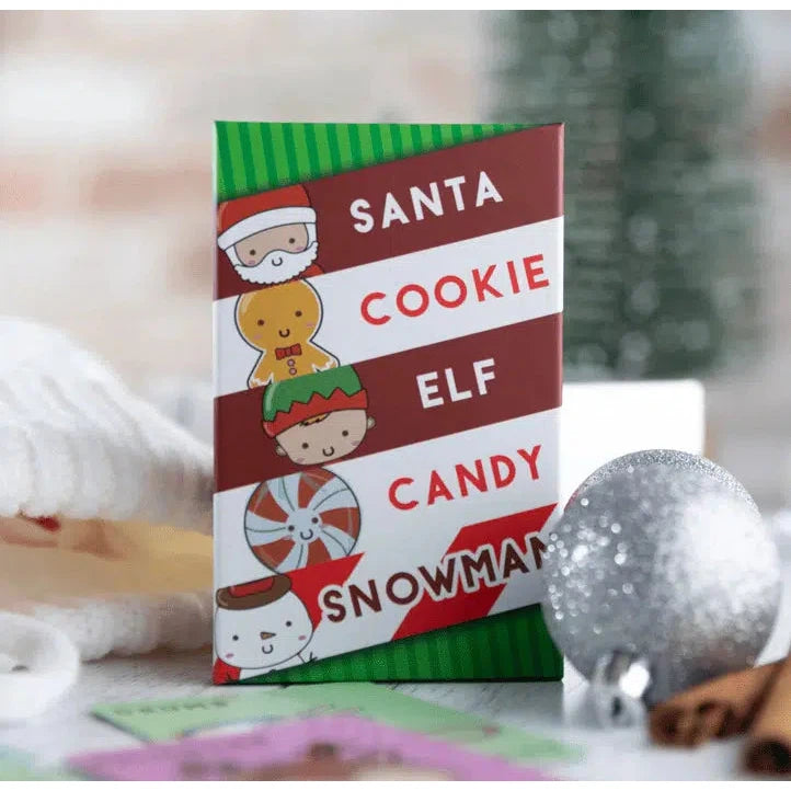 Front view of the Santa Cookie Elf Candy Snowman game in the box.