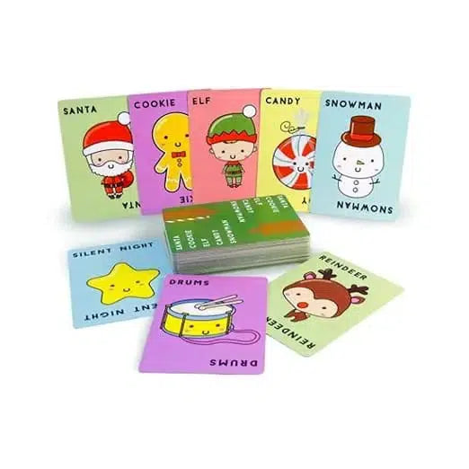 Front view of several cards from the Santa Cookie Elf Candy Snowman game laid out against a white background.