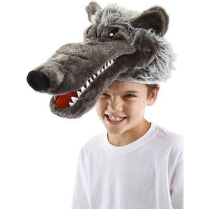 Front view of a boy wearing the big bad wold plush hat.