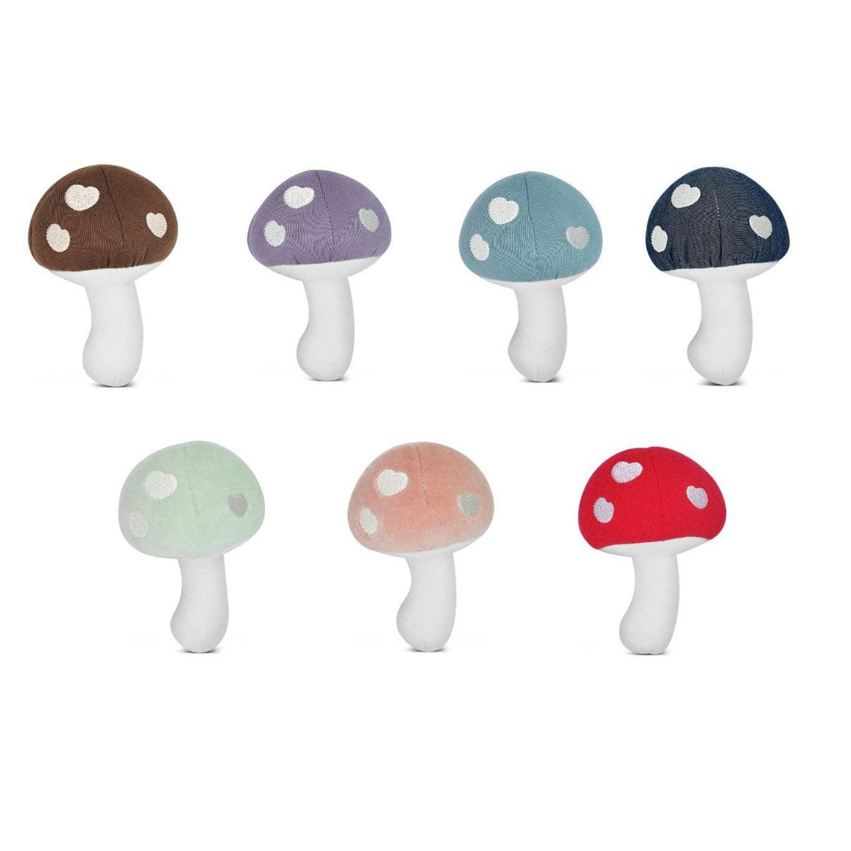 Front view of all of the colors of the Mushroom Rattles including: caramel, lavender, teal, chambray, mint velour, pink velour and red.