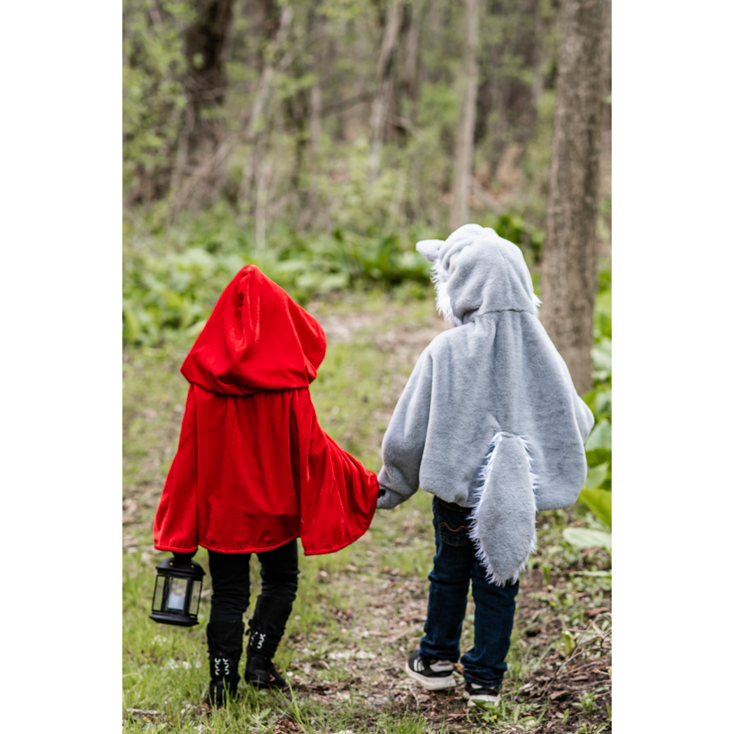 Girl in cape and hood holding a basket holding hands with boy in wolf costume - rear view
