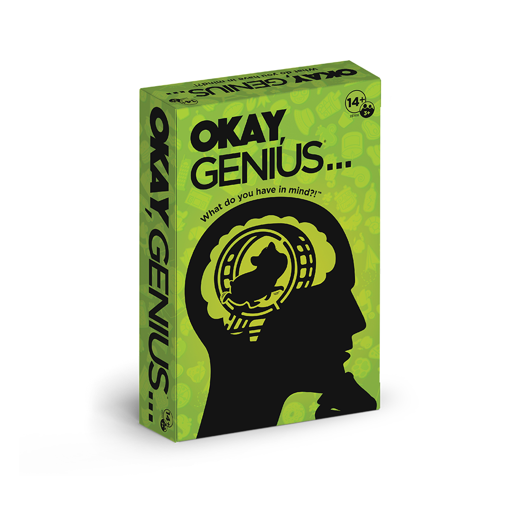 ¾ view of the Green Okay, Genius box with black lettering 