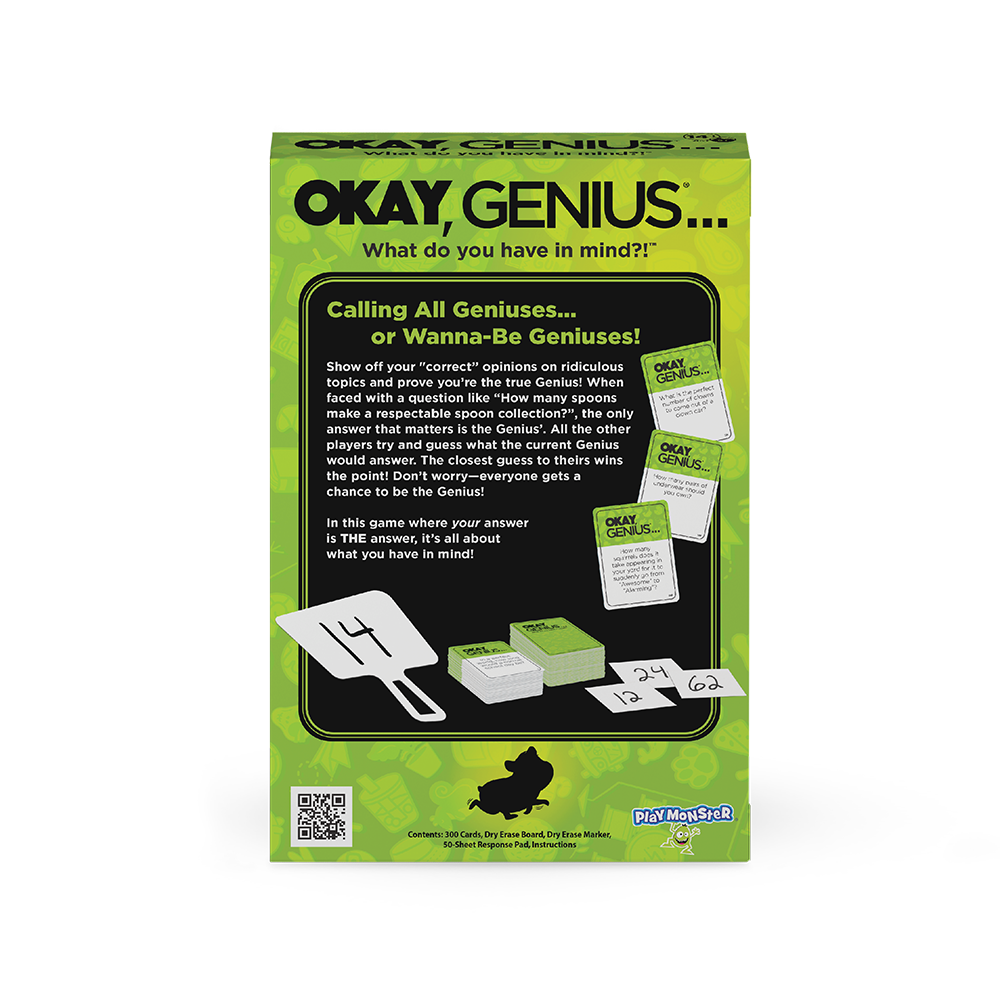 Back of the Okay, Genius Box with a summary of the game