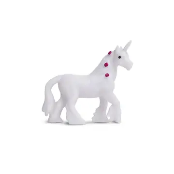 Tiny realistic white unicorn with red flowers in her mane