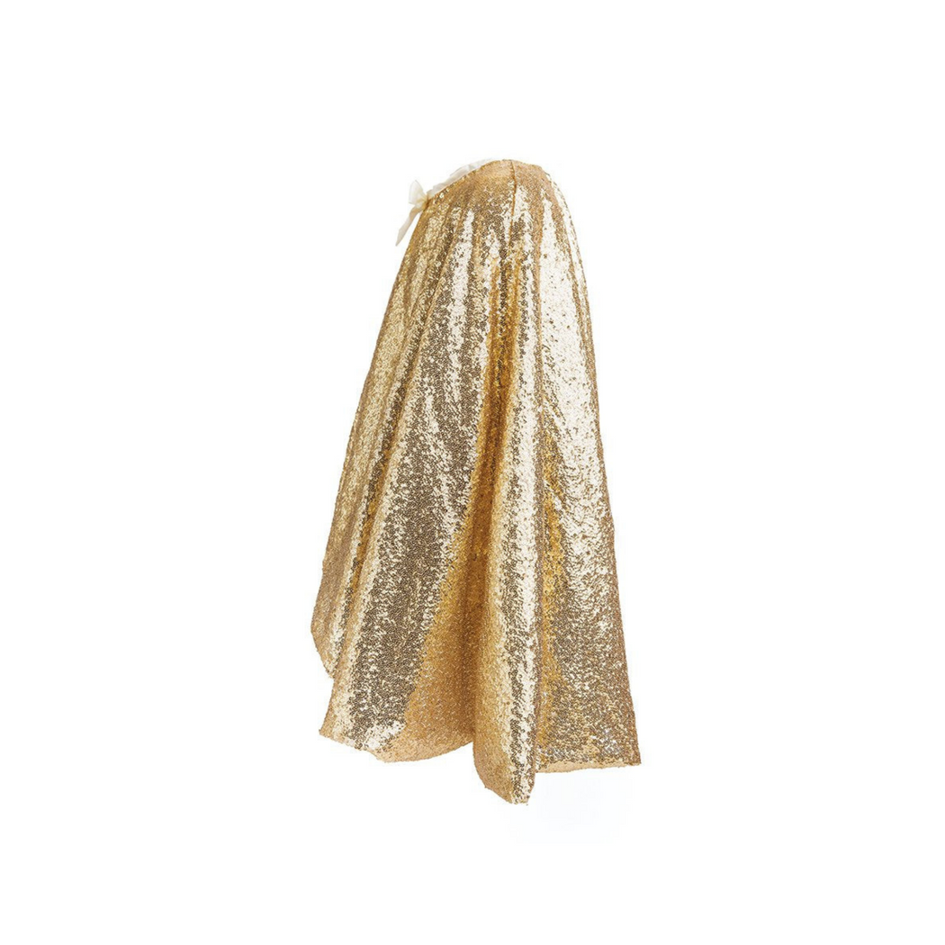 Side view of Gracious Gold Sequin Cape.